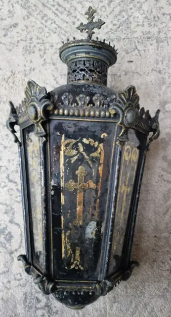 Antik Prozessionlaterne alte Kirchenlampe Aufsatz Steck Laterne sakral