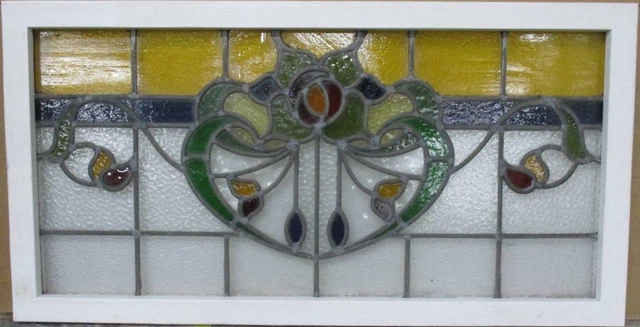 OLD ENGLISH LEADED STAINED GLASS WINDOW TRANSOM Gorgeous Floral 36" x 18.5"