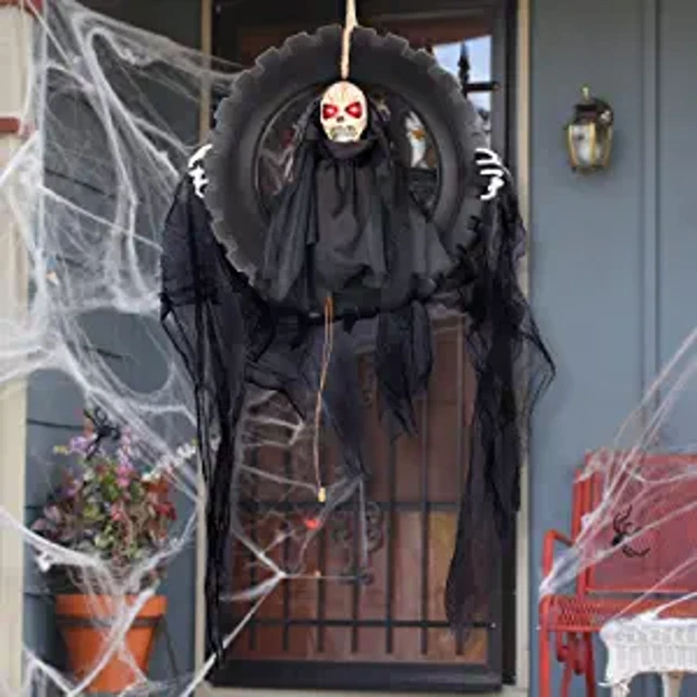HANGING SKULL HEAD Animated Outdoor Halloween Moving Skeleton Head