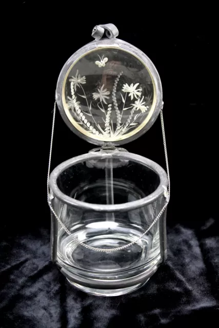Vintage Double Glass Floral Etched Lid Metal Caged Chain Hinged Condiment Jar