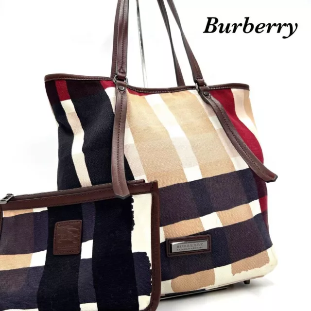 NWT$900 Burberry Doodle Black Coated Canvas Check Plaid Reversible Tote Bag