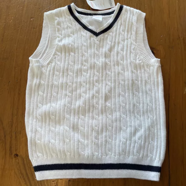 NWT Gymboree Boys Cable Knit Sweater Vest Size S 5-6 White with Navy Trim