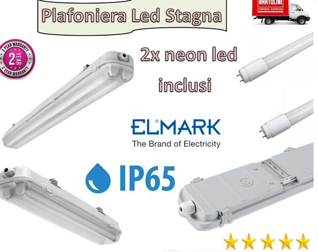 PLAFONIERA DOPPIA STAGNA Led T8 Ip65 Completa Di 2 Tubi Led 120 Cm Per