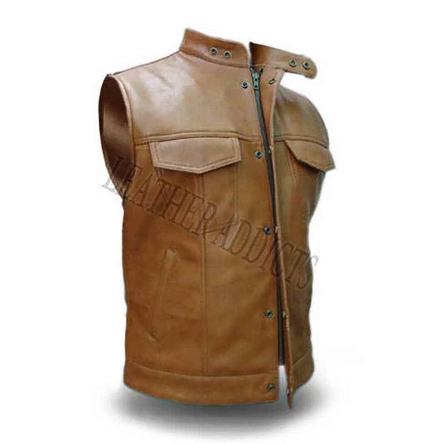 Uomo Stile Biker Gilet Originale Mucca IN Pelle Marrone Moto Gilet