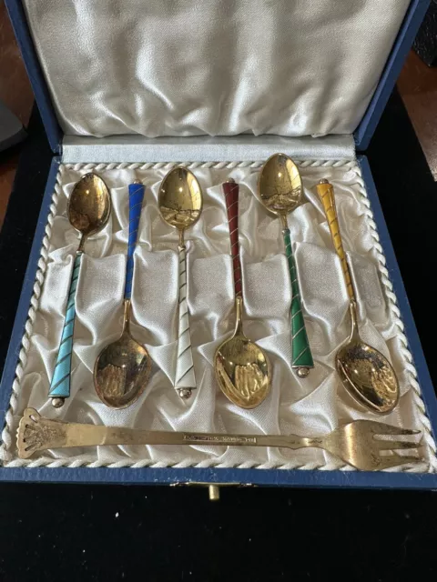 Vtg Econ Lauridsen Denmark sterling silver 925 Enamel Demitasse Spoons, Fork.