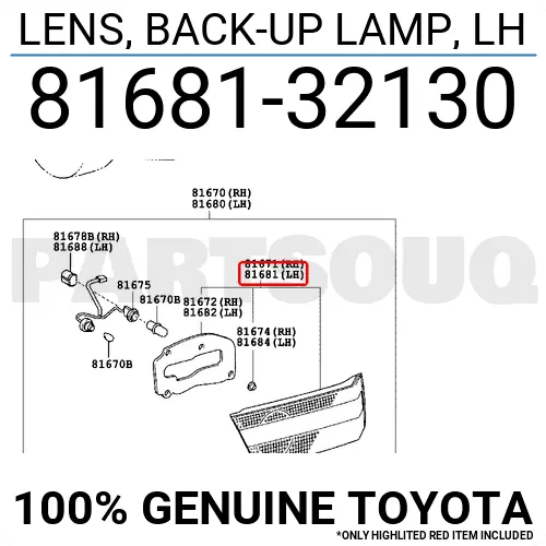 8168132130 Genuine Toyota LENS, BACK-UP LAMP, LH 81681-32130 OEM