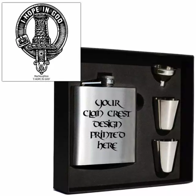 Art Pewter MacNaughton Clan Crest 6oz Hip Flask Box Set (s) HF6 S-C75 Scottish
