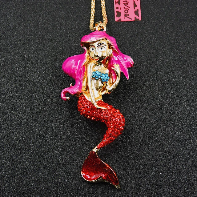 Hot Red Crystal Cute Mermaid Rhinestone Pendant Betsey Johnson Necklace
