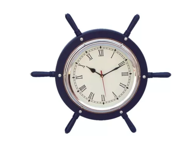 Hampton Nautical SW-1753-CH-Blue Wood and Chrome Ship Wheel Clock, 15", Dark ...
