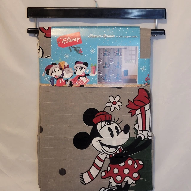 Christmas Shower Curtain Mickey and Minnie Mouse Disney Gray Fabric 72 Inch New