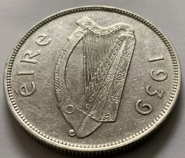 1939 Ireland Half Crown (Irish Hunter Horse Gaelic Harp) Silver Hg