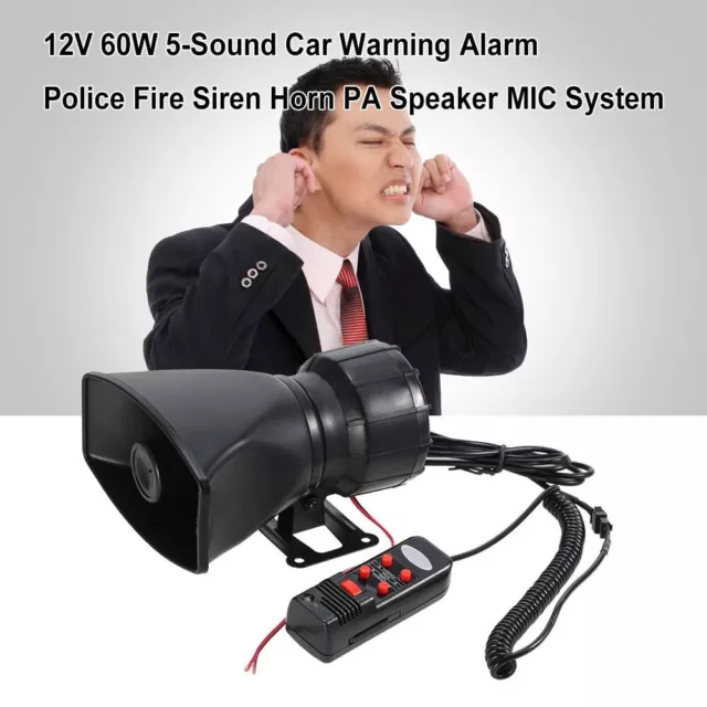 12V 60W 5 Sound Car Warning Alarm System MIC Speaker PA Loud Horn Siren Fire