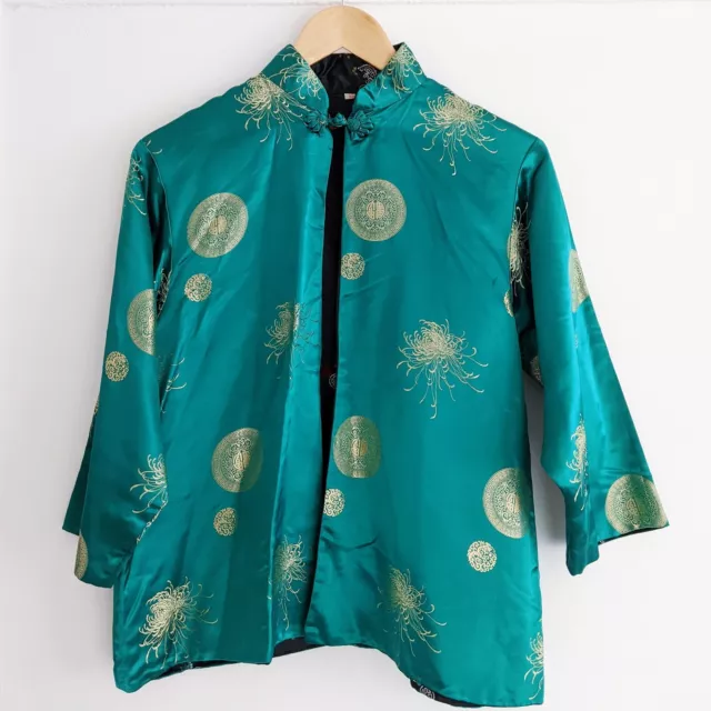 Turquoise 60s Chinese Brocade Silk Kimono Jacket Embroidered Reversible 38 Vtg