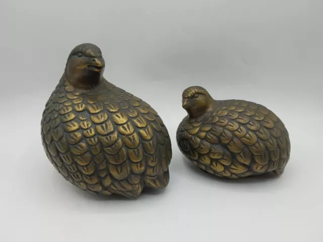 Vintage Quail Partridge Ceramic Pottery BRASS LOOK FINISH Figurines Pair MCM