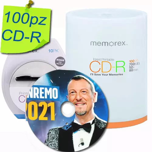 Lotto Cd-R Memorex 52X 80 Min 700Mb Ink-Jet Printable 100% Stampabil Con Dvd Pen