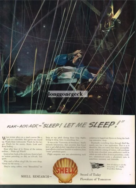 1943 Shell Oil WWII Finds Cure for Pilots Lack of Sleep art Vintage Ad