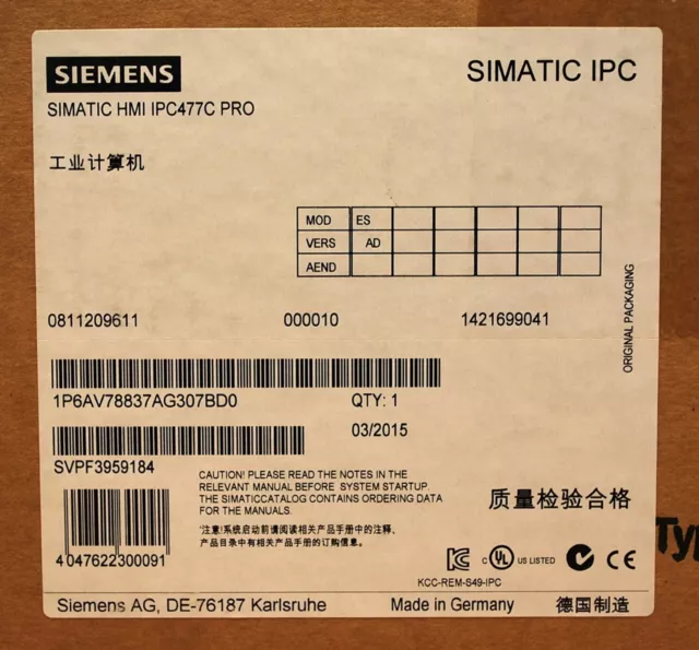 Siemens 6AV78837AG307BD0 Simatic HMI IPC477C Pro Touch Display - NEW