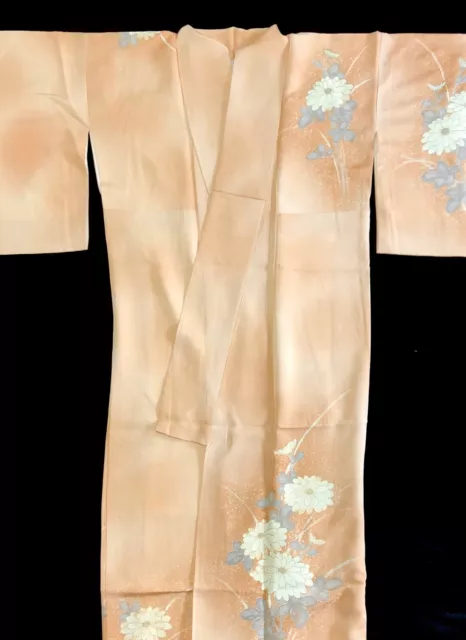 Japanese Vintage Handmade Peach White Floral Silk KIMONO - Lovely! (RF1073)