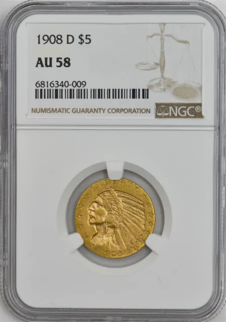 1908-D $5 Gold Indian AU58 NGC 946835-4