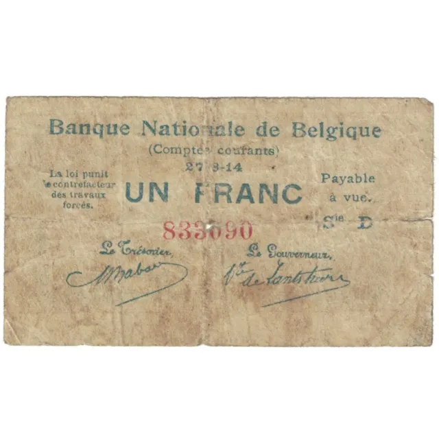 [#194298] Banknote, Belgium, 1 Franc, 1914, 1914-08-27, KM:81, VF