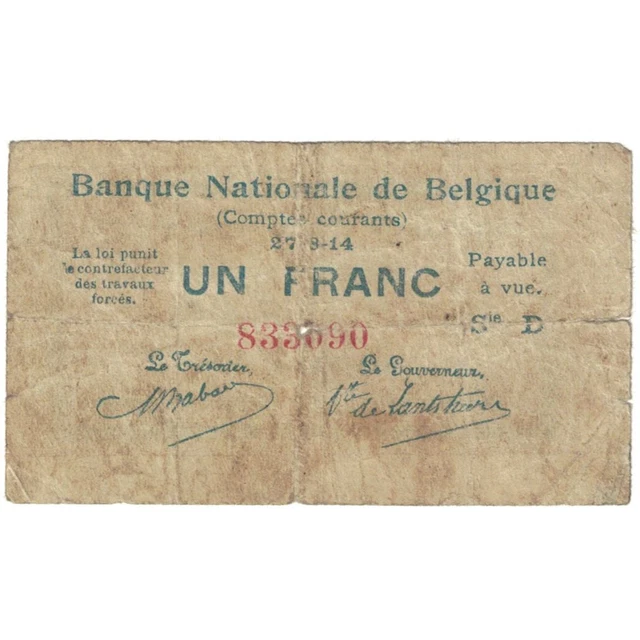 [#194298] Banknote, Belgium, 1 Franc, 1914, 1914-08-27, KM:81, VF