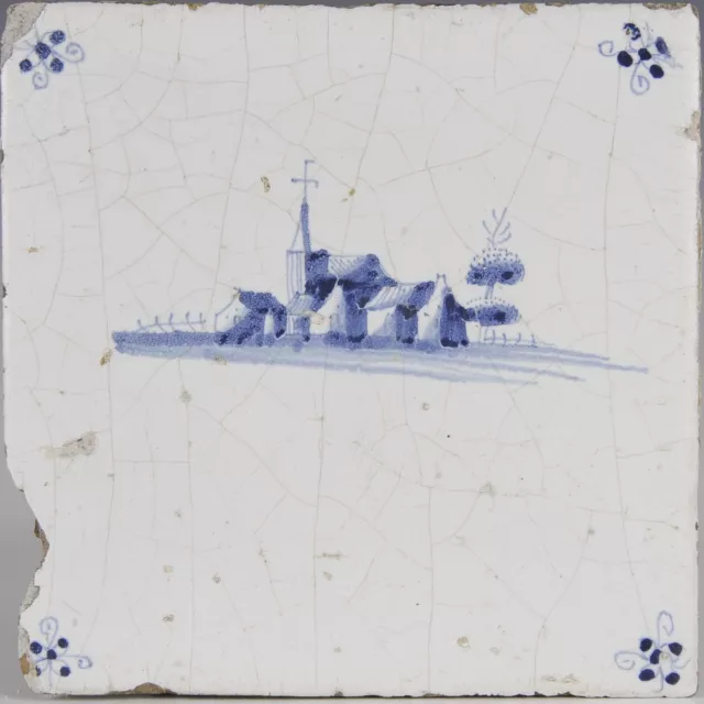 Nice Dutch Delft Blue tile, landscape with church and farm, late 17th century.