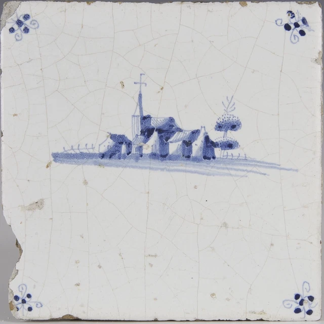 Nice Dutch Delft Blue tile, landscape with church and farm, late 17th century.