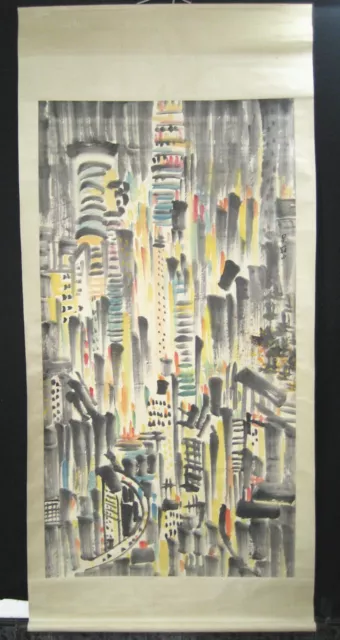 91" Old Chinese Hand Painting Scroll Hong Kong At Night By Wu Guanzhong吴冠中 夜香港