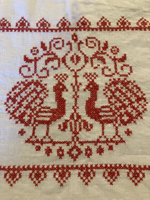 Vintage Pennsylvania Dutch Folk Art Red and White Rectangular Peacock Tablecloth