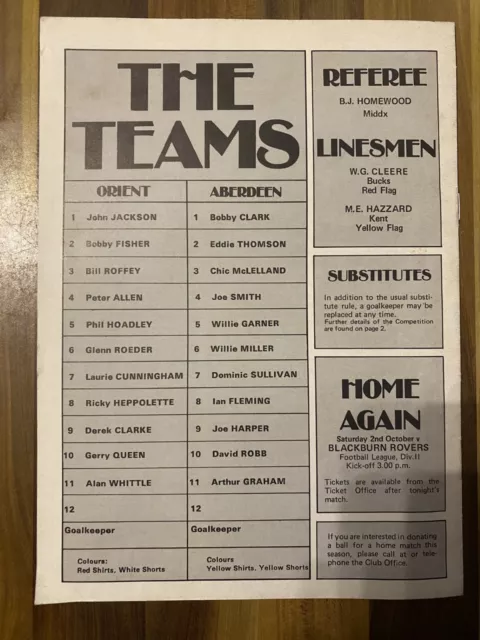 LEYTON ORIENT v ABERDEEN PROGRAMME ANGLO-SCOTTISH CUP QUARTER FINAL 28/9/76 2