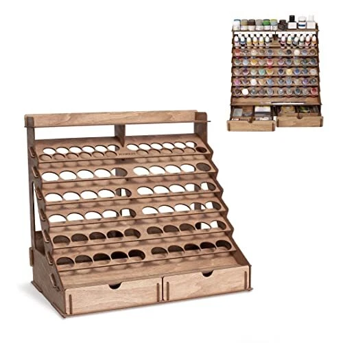 Wooden Paint Organizer for 74 Bottles of Paints and 14 Paint Brushes - Paint