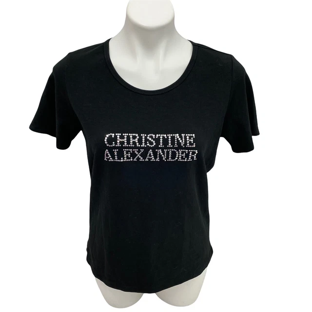 Christine Alexander Womens Top Size Small Short Sleeve Black Swarovski Logo Knit