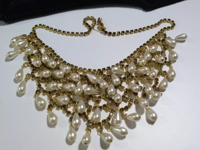 Vintage Goldtone Kramer NECKLACE Waterfall Dangle Rhinestone & Tear Drop Pearls