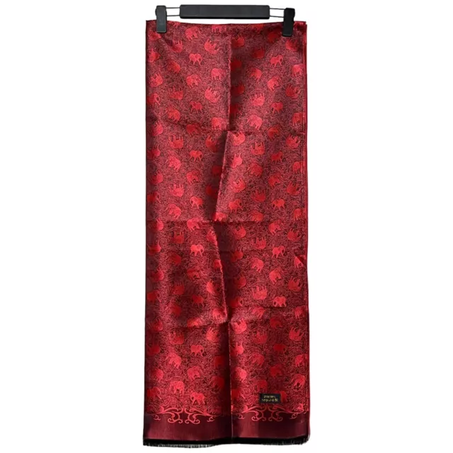 100% Silk Fringed Scarf Elephants Red Black Large 70” x 27” Shimmery Shiny Soft