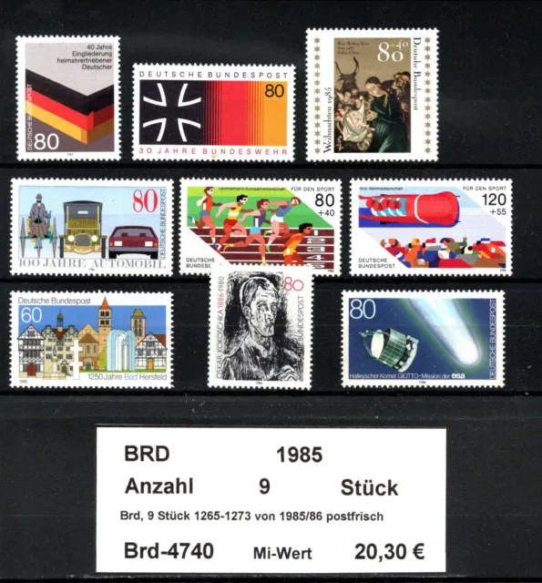 BRD, 9 Marken Nr. 1265-1273 von 1985/86 postfrisch (4740)