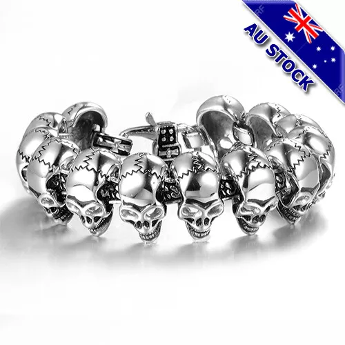 Genuine Non Allergic Stainless Steel Skull Head Beads Link Buckle Chain Bracelet