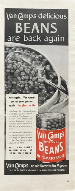 Vtg Print Ad 1944 Van Camp's Beans World War II Retro Kitchen Decor Food Army