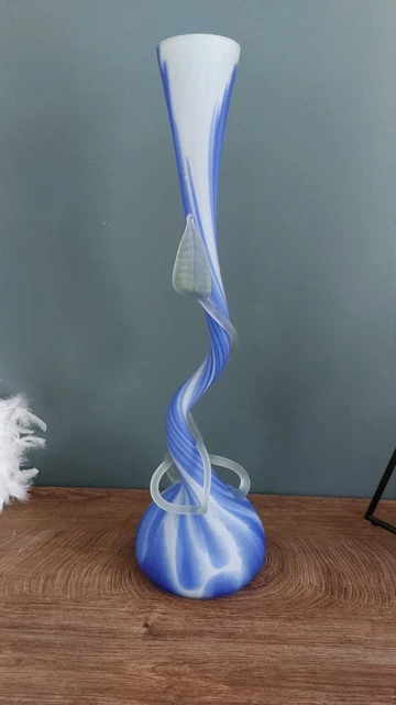 Vase Soliflore En Pâte De Verre Bleue, 28 Cm, Vintage Parfait état