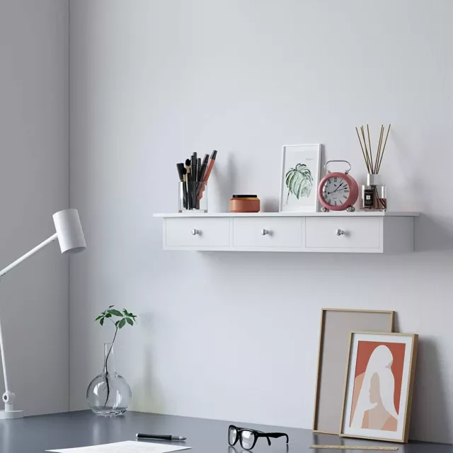 White Wall-Mounted Floating Shelf with Drawers Modern Wall Hanging Shelving Unit