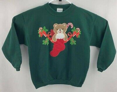 Vtg Endless Designs Christmas Teddy Bear Green Sweatshirt Youth Size L (16-18)