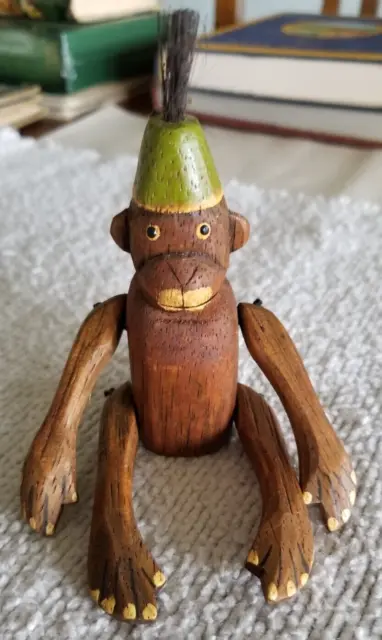 Hand Carved/Painted Wooden Monkey Fez Hat Shelf Sitter / About 6" X 2.5"