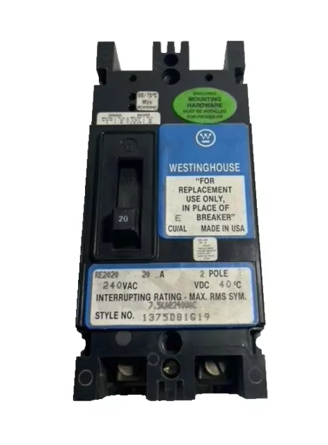 Westinghouse RE2020 Circuit Breaker 240VAC 2 Pole 20A 20Amp