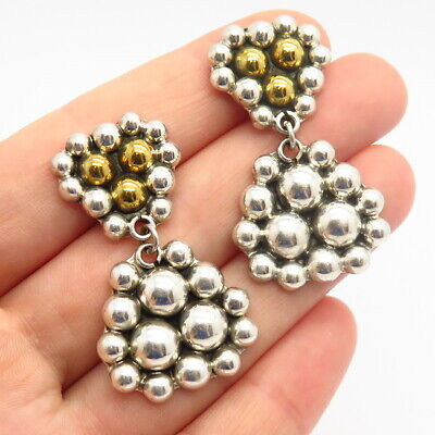 925 Sterling Silver 2-Tone Vintage Mexico Granulated Design Drop Earrings