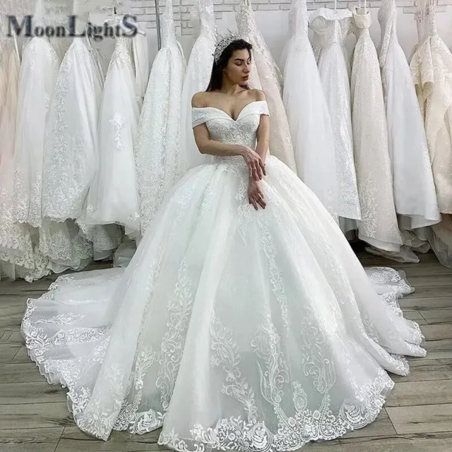 Beaded Princess Wedding Dress Lace Applique Lace Ball Gown Bridal off shoulder