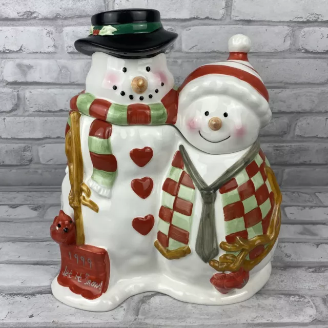 Snowman Couple Duo Cookie Jar Christmas Holiday Winter 11.5 Inches Tall