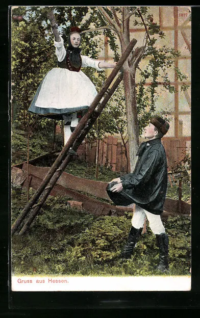 Hessische Kinder in Tracht bei der Apfelernte, Ansichtskarte
