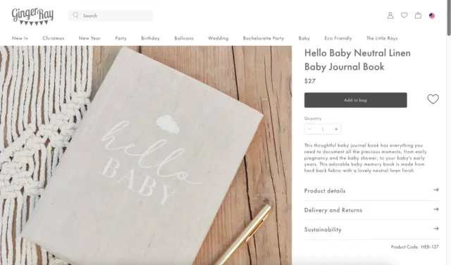 NEW Ginger Ray "Hello Baby" Neutral Linen Baby Journal Book (Unisex) Gift