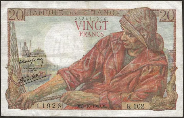 Frankreich - Banknote Von 20 Franken Angler 07-10-1943 Alpha K.102 Ttb F.13/07