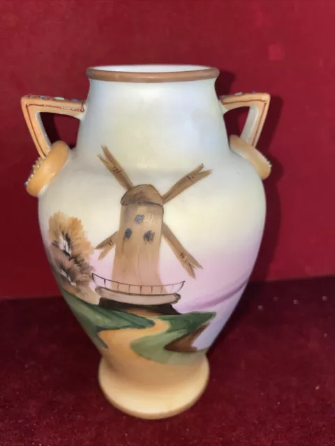 Nippon Hand Painted Vase Windmill Morimura Porcelain Moriage Double Handle 5 1/2