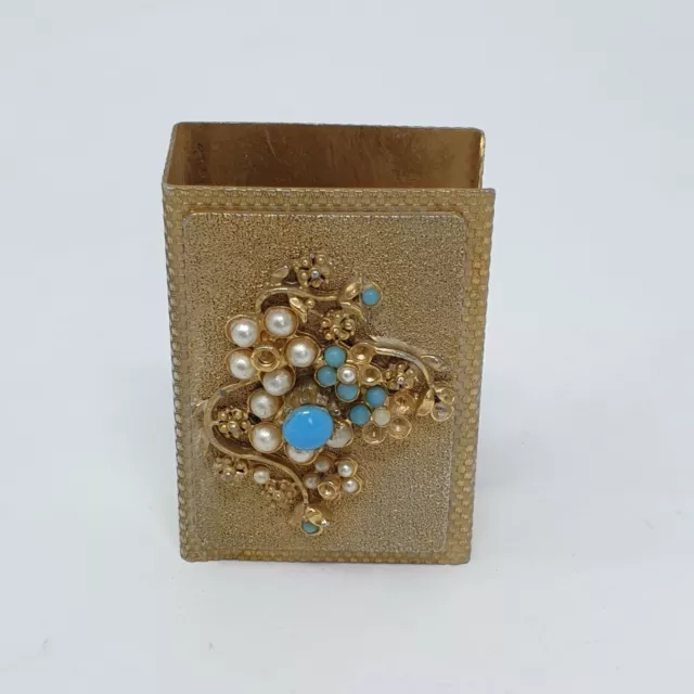 Vintage 1970's  Brass Matchbox Cover with Faux Pearl and Stone Embellishment